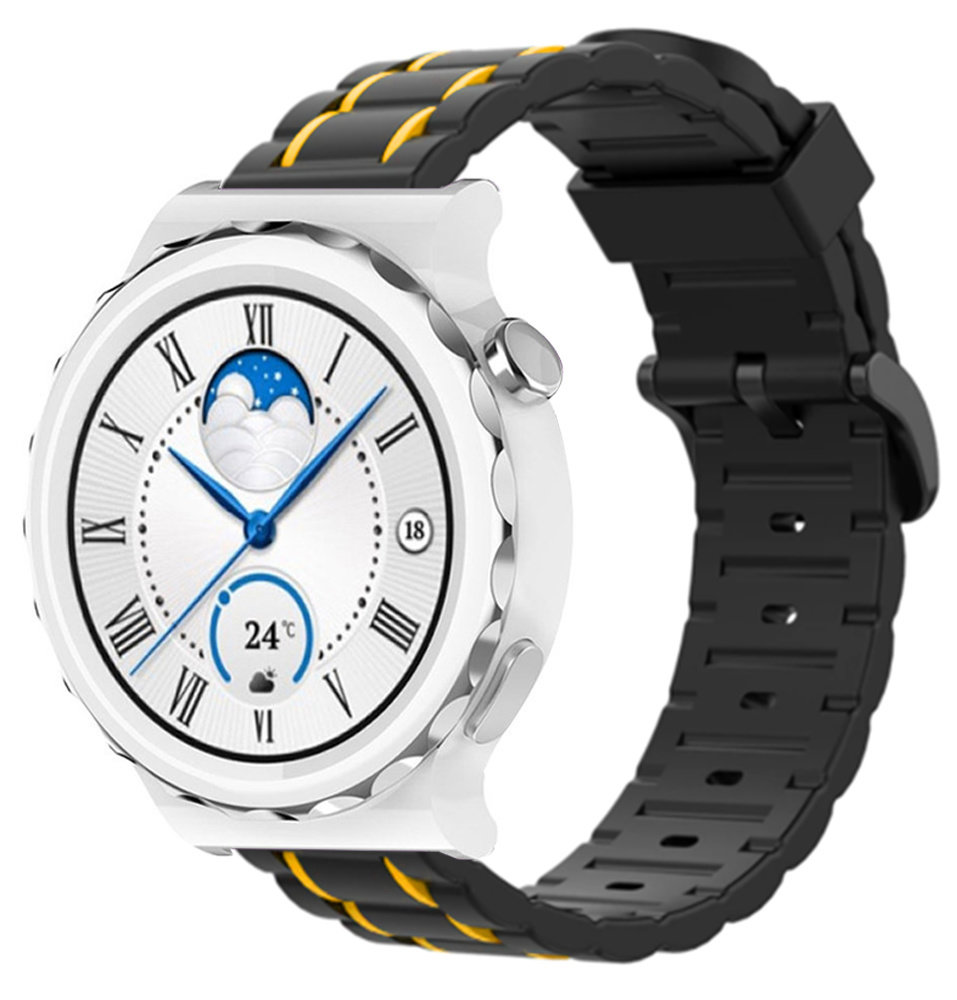 Strap-it® Strap-it Huawei Watch GT 3 Pro 43mm sport gesp band (zwart/geel)