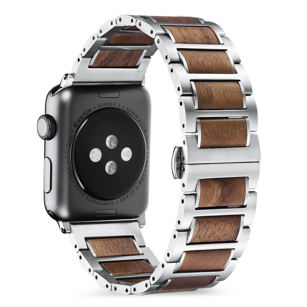 Strap-it® Strap-it Apple Watch Ultra stalen/houten bandje (zilver/bruin) Strap-it® Strap-it Apple Watch Ultra stalen/houten bandje (zilver/bruin)