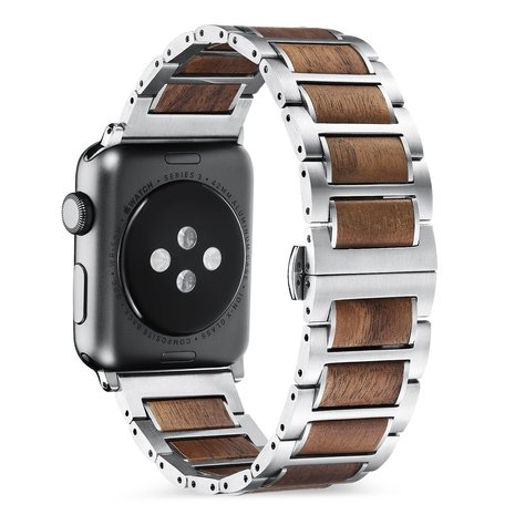 Strap-it® Strap-it Apple Watch Ultra stalen/houten bandje (zilver/bruin) Strap-it® Strap-it Apple Watch Ultra stalen/houten bandje (zilver/bruin)