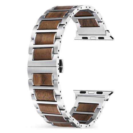 Strap-it® Strap-it Apple Watch Ultra stalen/houten bandje (zilver/bruin) Strap-it® Strap-it Apple Watch Ultra stalen/houten bandje (zilver/bruin)