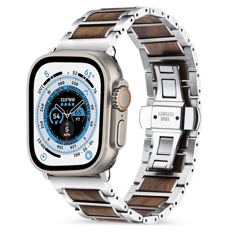 Strap-it® Strap-it Apple Watch Ultra stalen/houten bandje (zilver/bruin) Strap-it® Strap-it Apple Watch Ultra stalen/houten bandje (zilver/bruin)