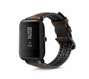 Strap-it® Xiaomi Amazfit Bip siliconen / leren bandje (zwart-bruin)
