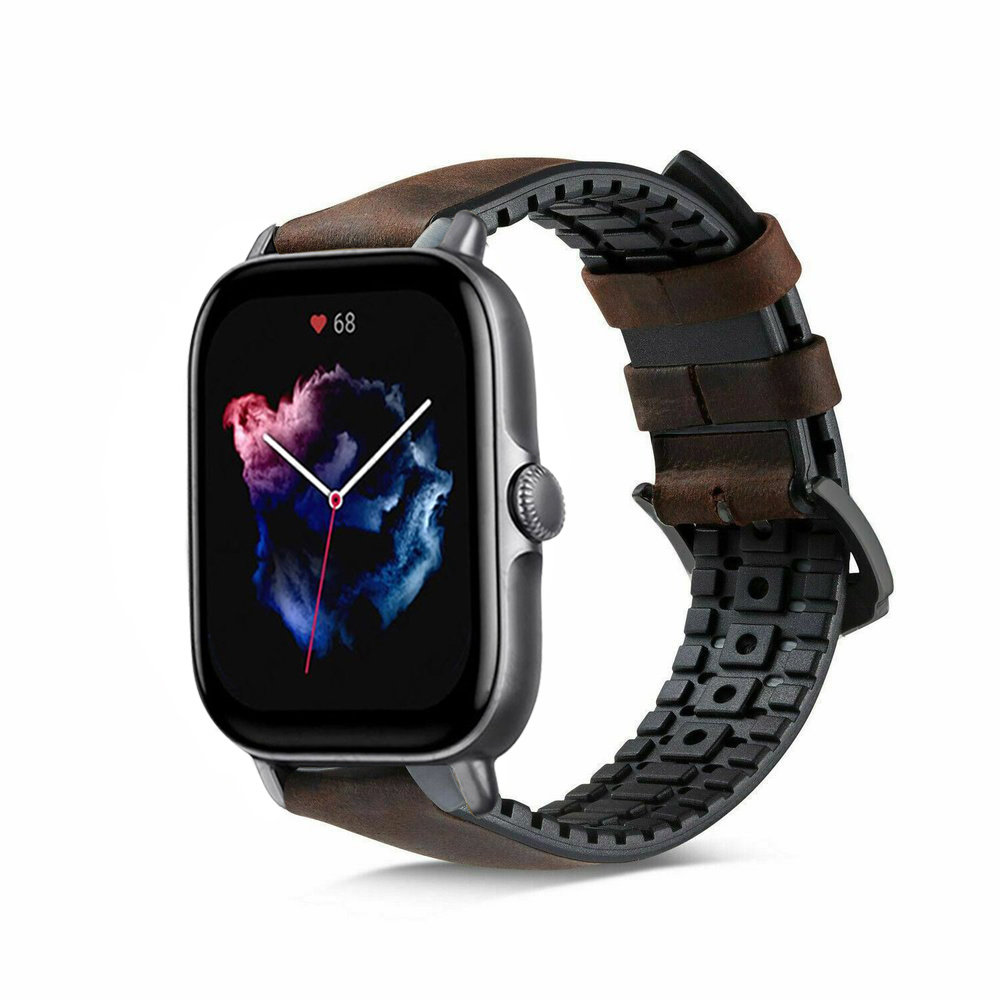 Strap-it® Strap-it Amazfit GTS 3 siliconen / leren bandje (zwart-bruin)