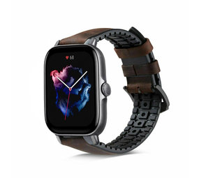 Strap-it® Amazfit GTS 3 siliconen / leren bandje (zwart-bruin)
