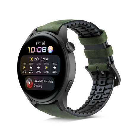 Strap-it® Strap-it Huawei Watch 3 (Pro) siliconen / leren bandje (zwart/groen)