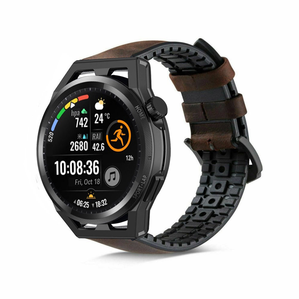 Strap-it® Strap-it Huawei Watch GT Runner siliconen / leren bandje (zwart/bruin)