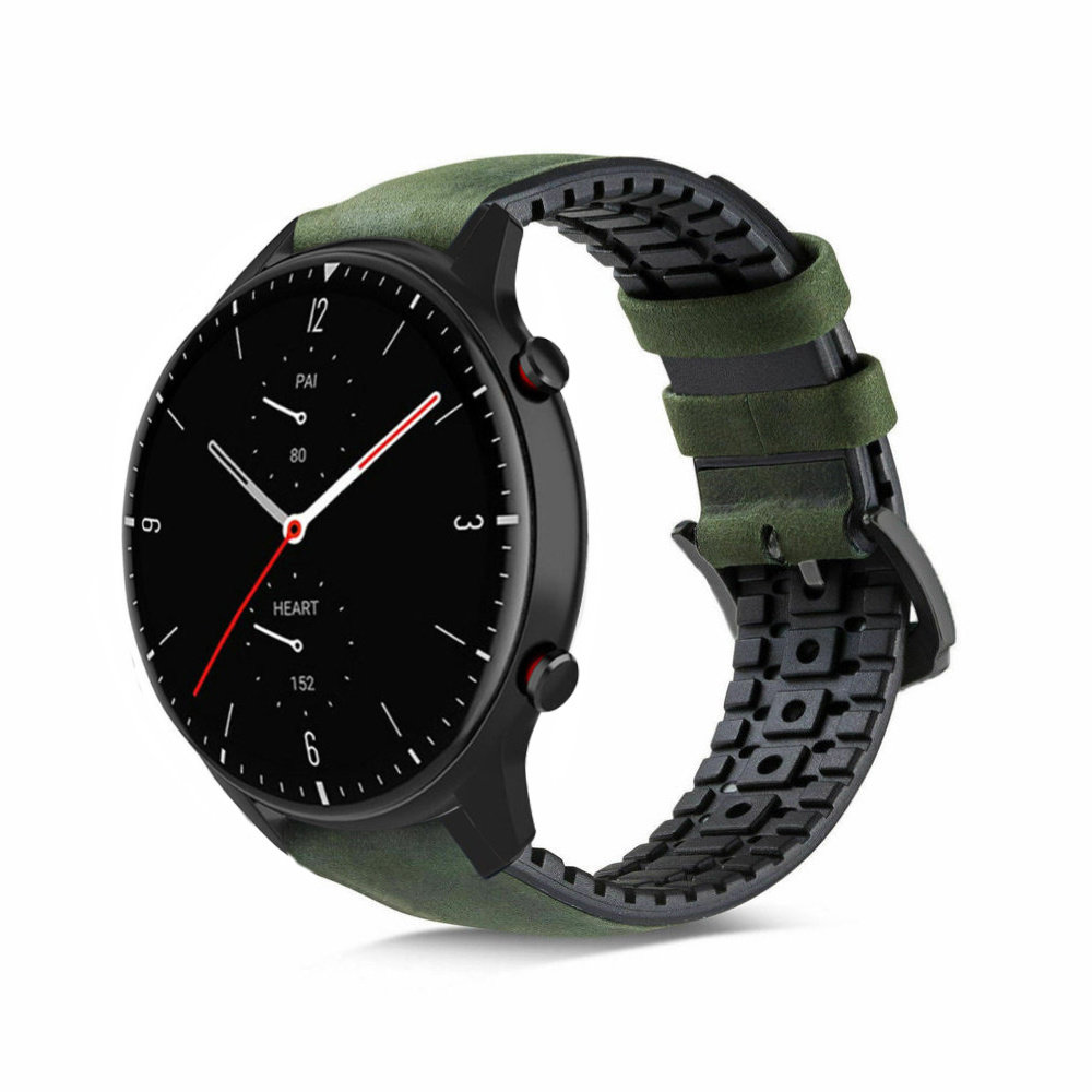 Strap-it® Strap-it Amazfit GTR 2 siliconen / leren bandje (zwart/groen)