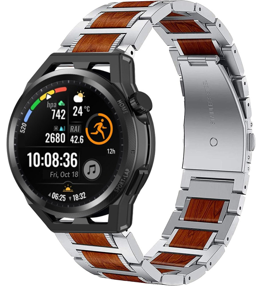 Strap-it® Strap-it Huawei Watch GT Runner houten/stalen band (zilver) Strap-it® Strap-it Huawei Watch GT Runner houten/stalen band (zilver)