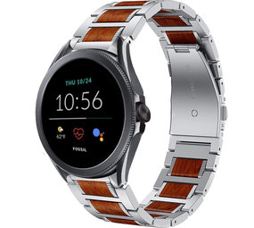 Strap-it® Fossil Gen 5e 44mm houten/stalen band (zilver)