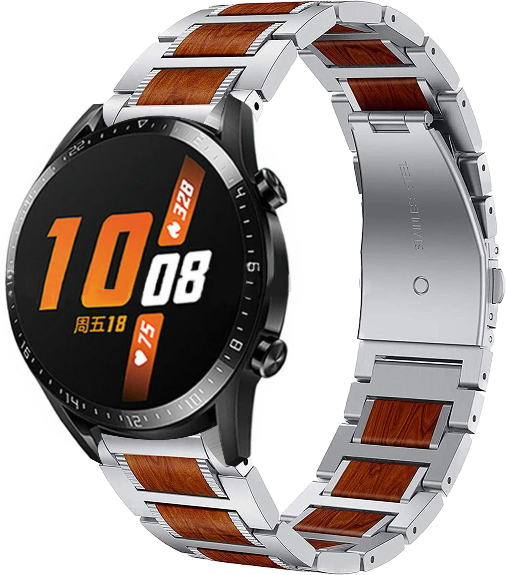 Huawei Watch GT 2 46mm houten stalen band zilver