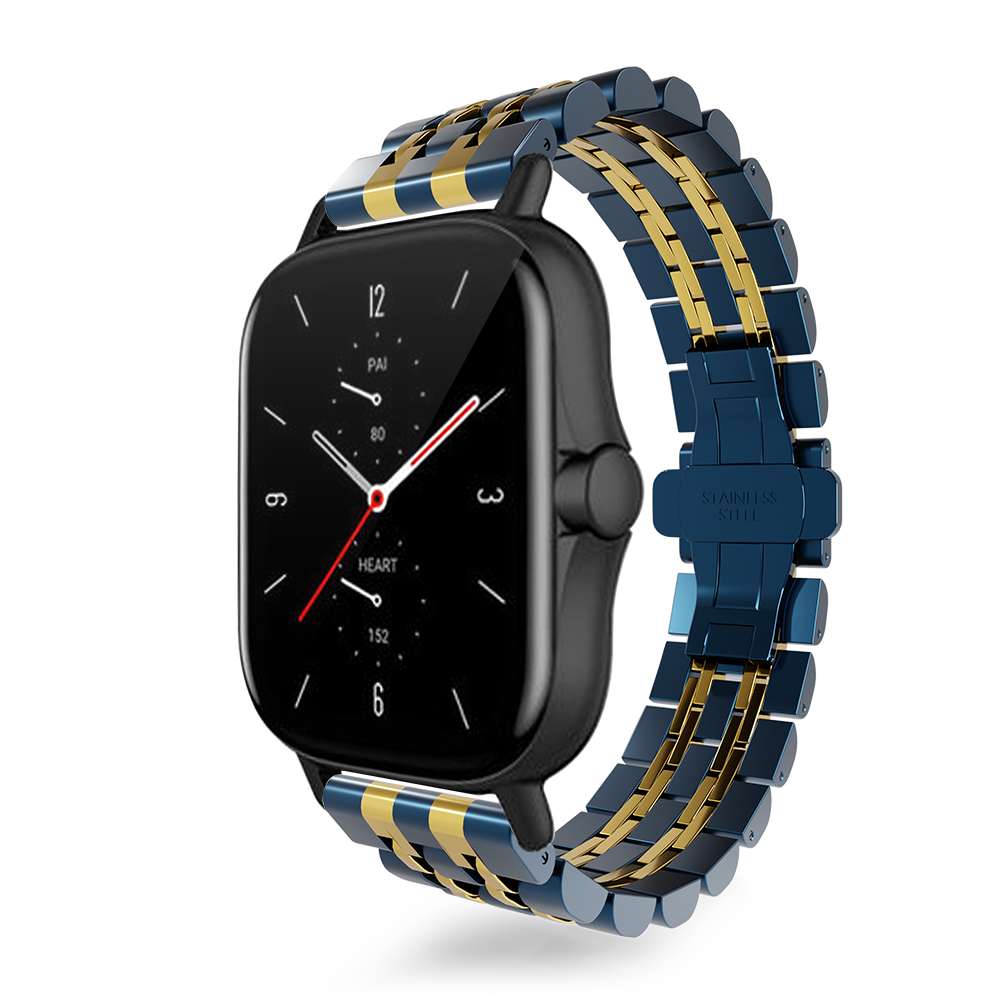 Strap-it® Strap-it Xiaomi Amazfit Bip duo stalen schakel band (blauw/goud)