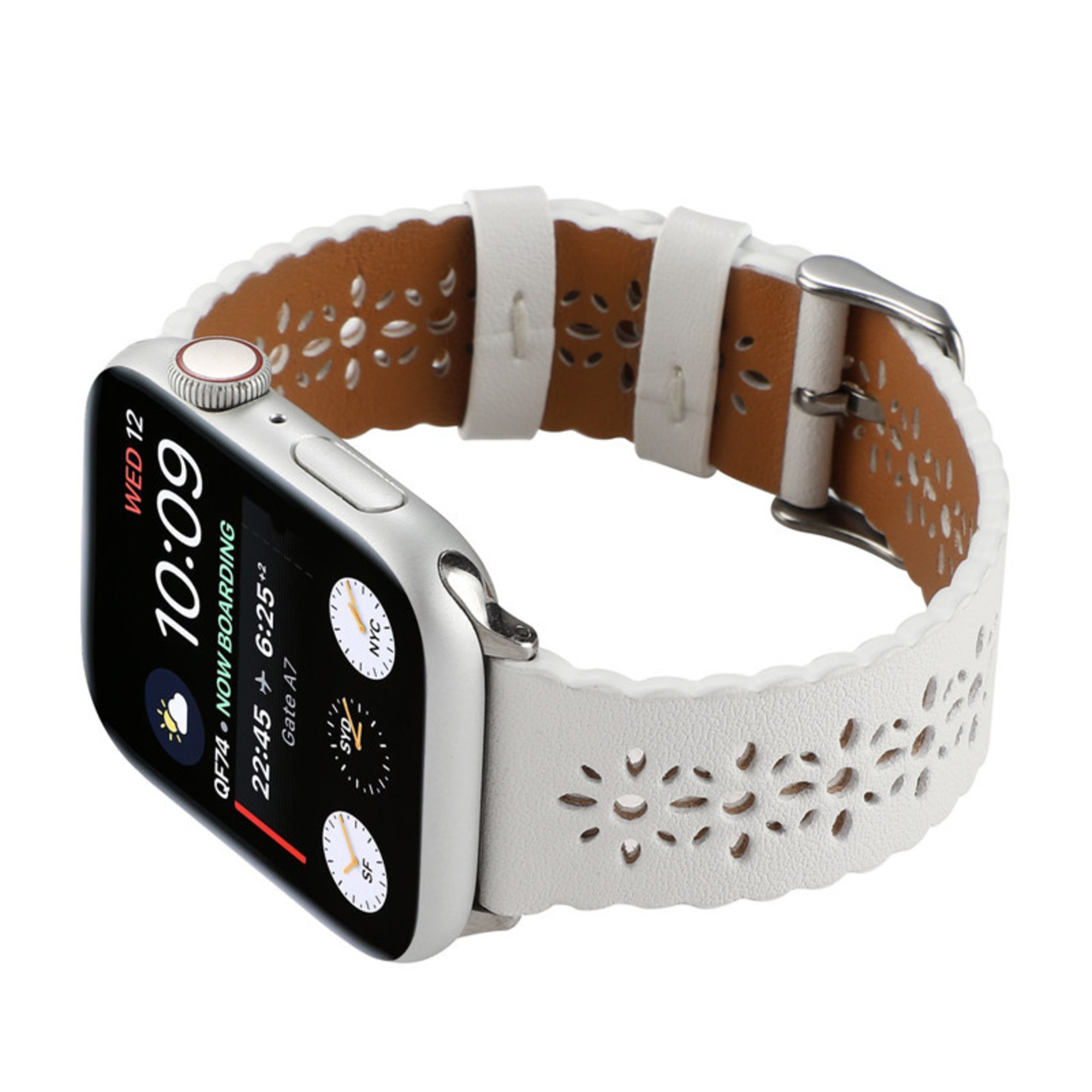 Apple Watch leren bandje patroon (wit) Smartwatchbanden.nl