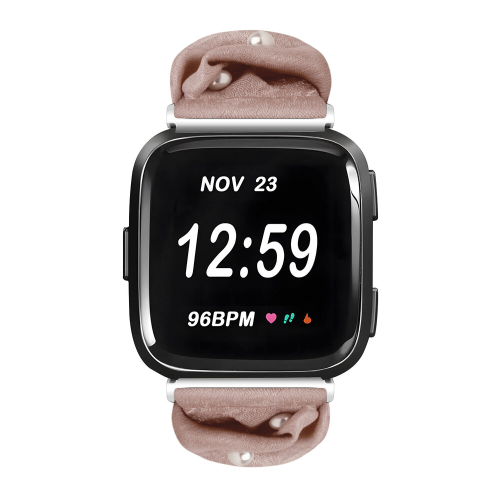 Strap-it® Strap-it Fitbit Versa scrunchie bandje (beige met parels)