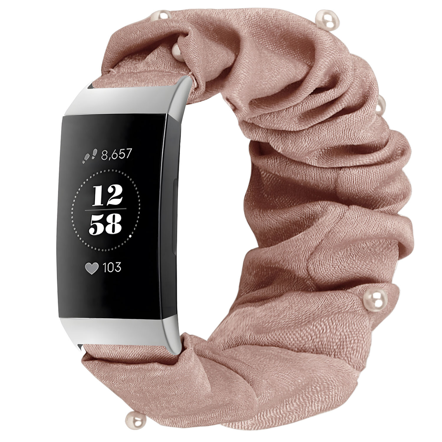 Fitbit Charge 3 scrunchie bandje beige met parels