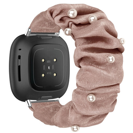 Strap-it® Strap-it Fitbit Sense scrunchie bandje (beige met parels)
