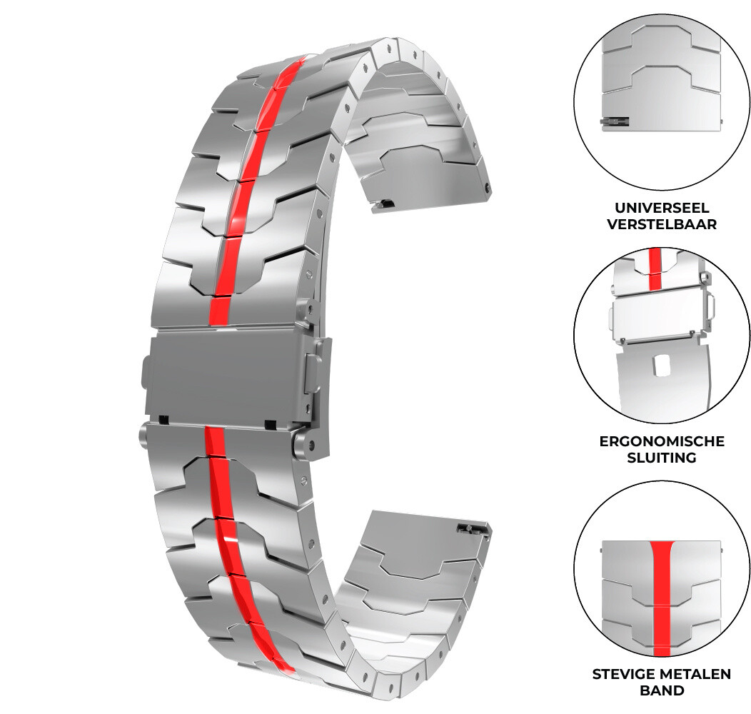 Strap-it® Strap-it Huawei Watch 3 (Pro) steel iron band (zilver/rood) Strap-it® Strap-it Huawei Watch 3 (Pro) steel iron band (zilver/rood)