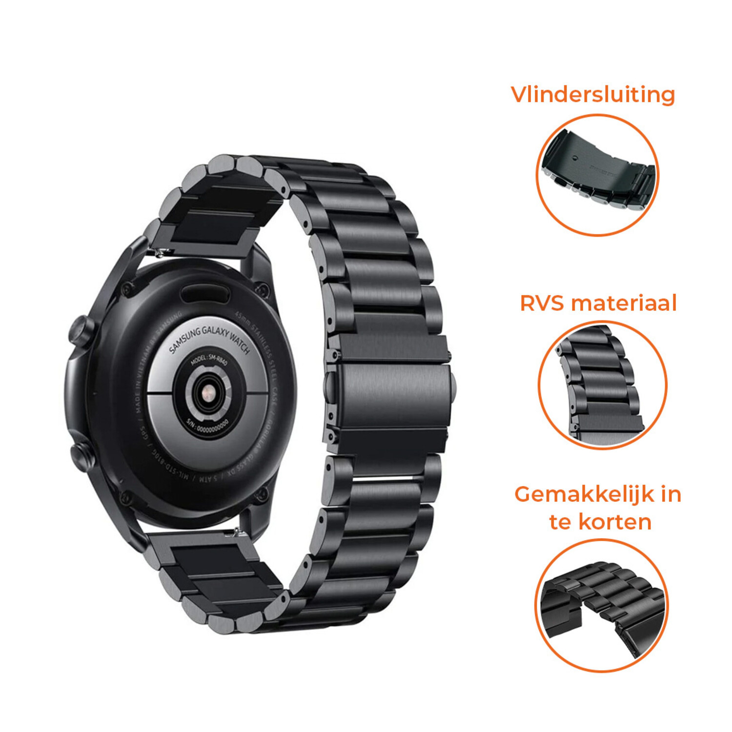 Stalen horlogeband 22mm universeel zwart Smartwatchbanden