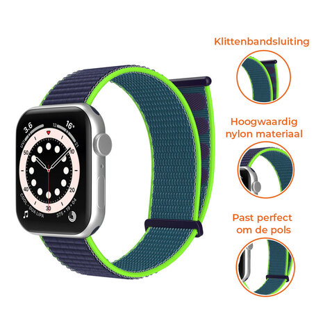 Strap-it® Strap-it Apple Watch nylon loop bandje (donkerblauw/lime)