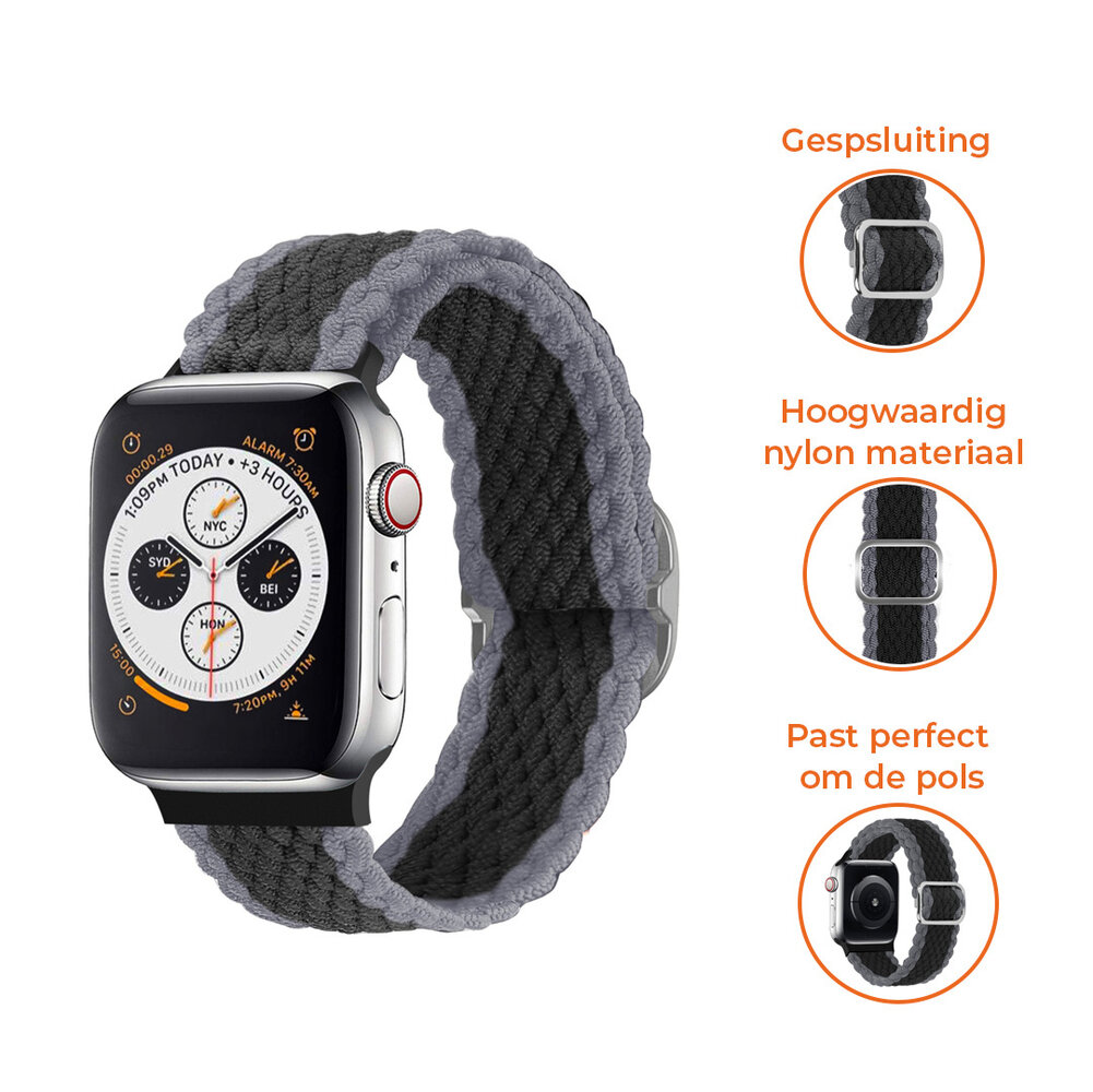 Strap-it® Strap-it Apple Watch verstelbaar geweven nylon bandje (zwart/grijs)
