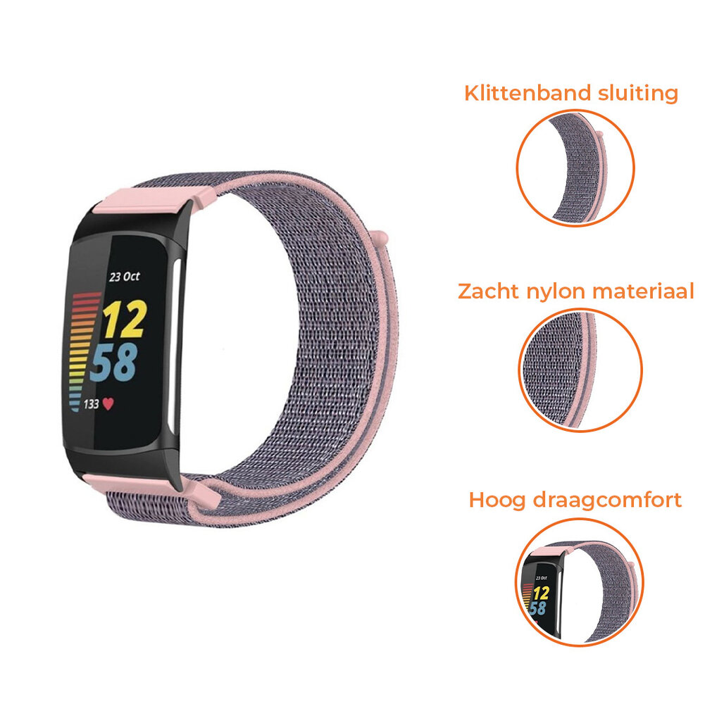 Strap-it® Strap-it Fitbit Charge 5 nylon bandje (roze)