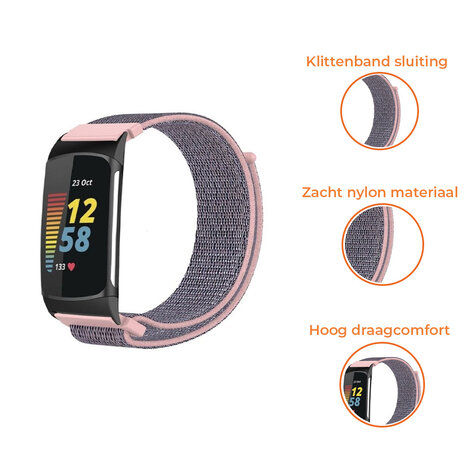 Strap-it® Strap-it Fitbit Charge 5 nylon bandje (roze)