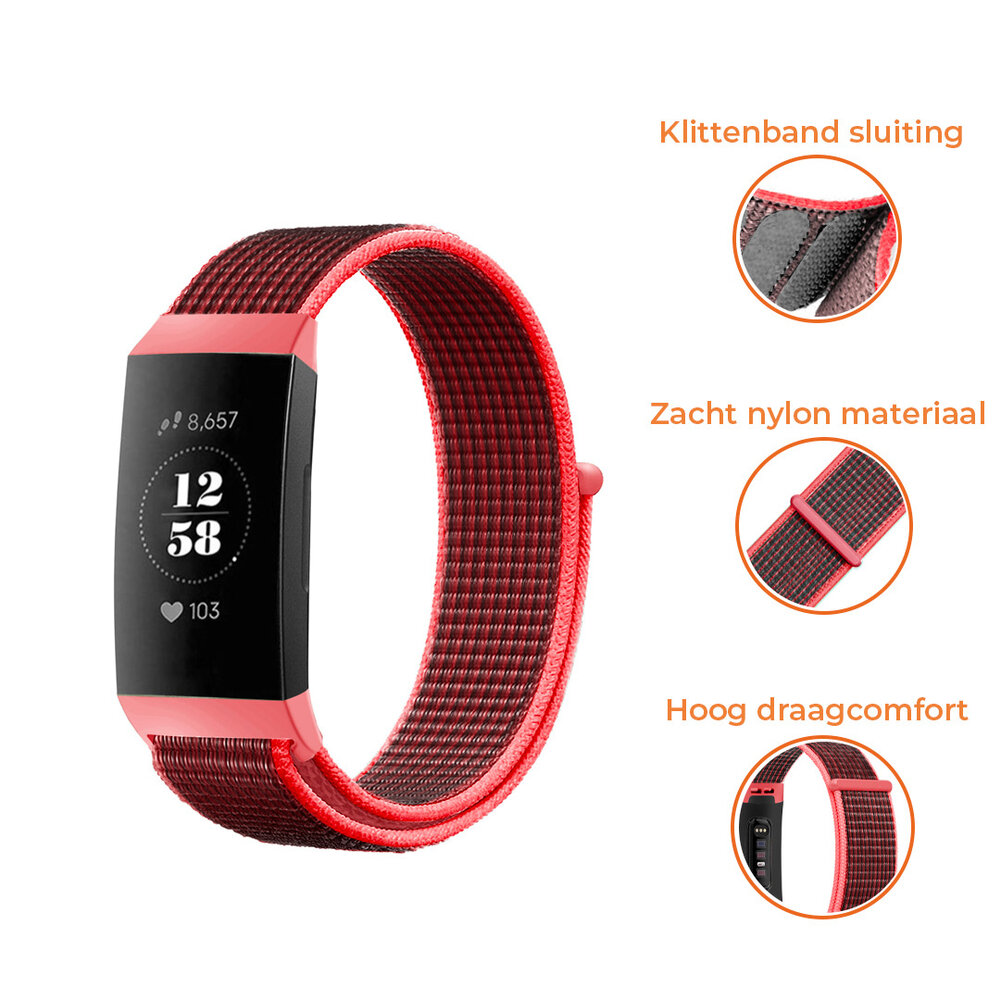 Strap-it® Strap-it Fitbit Charge 4 nylon band (zwart/koraal)