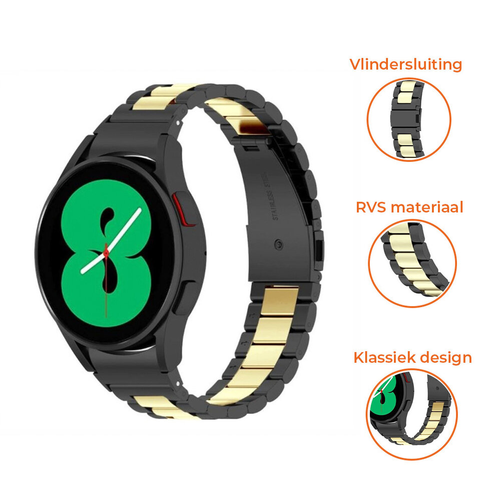 Strap-it® Strap-it Samsung Galaxy Watch 4 - 44mm stalen schakel band (zwart/goud) Strap-it® Strap-it Samsung Galaxy Watch 4 - 44mm stalen schakel band (zwart/goud)