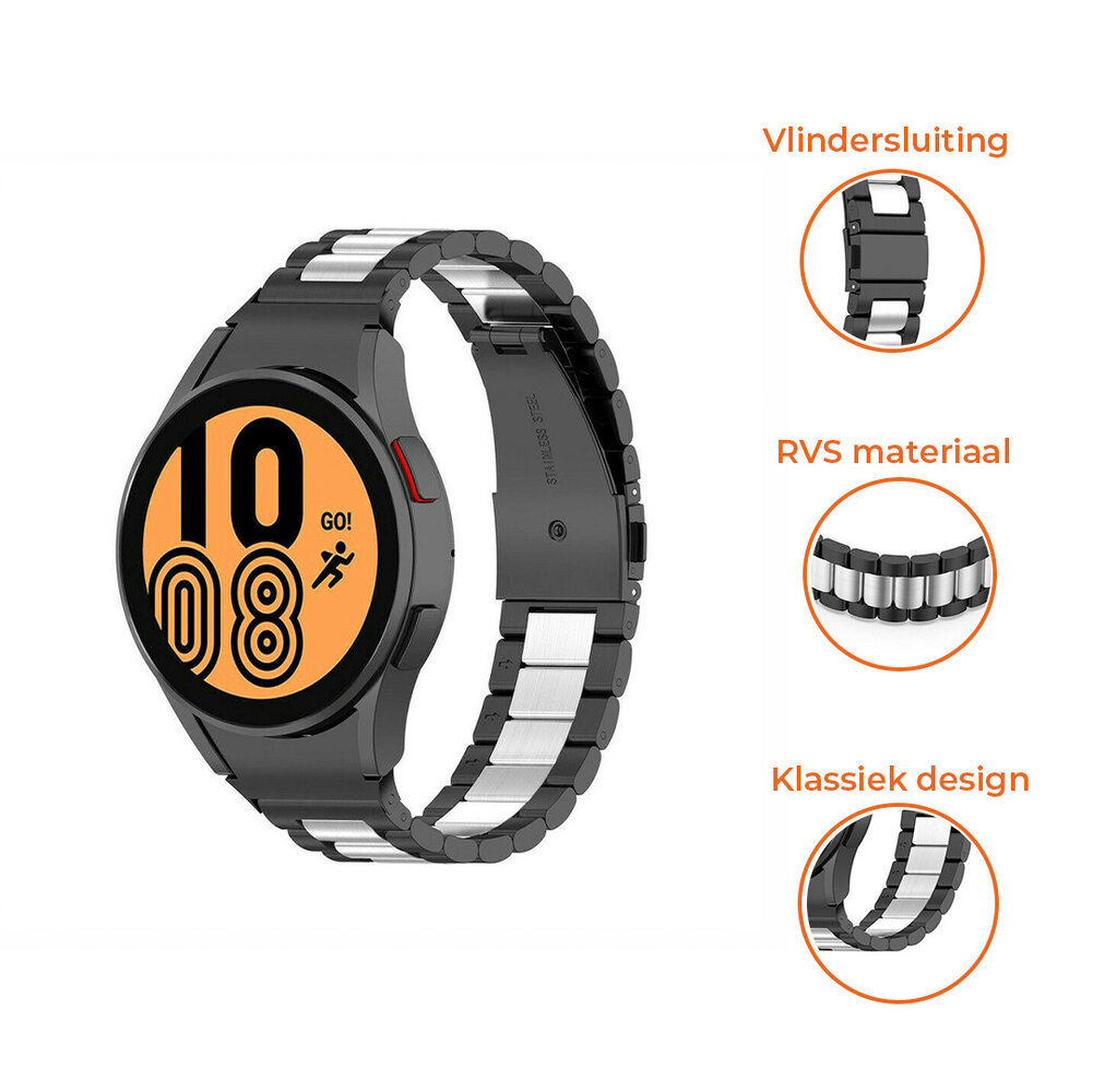 Strap-it® Strap-it Samsung Galaxy Watch 4 - 44mm stalen schakel band (zwart/zilver) Strap-it® Strap-it Samsung Galaxy Watch 4 - 44mm stalen schakel band (zwart/zilver)
