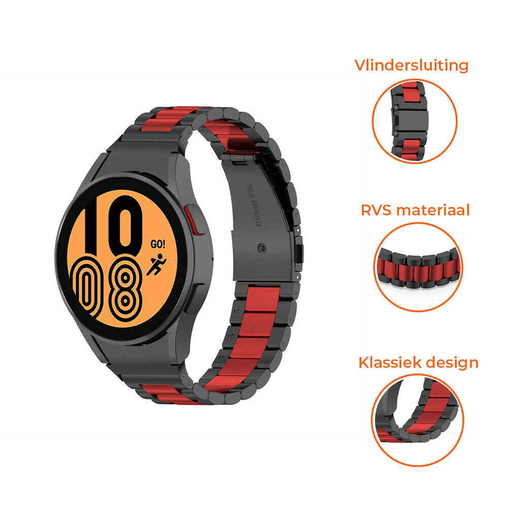 Strap-it® Strap-it Samsung Galaxy Watch 4 Classic 42mm stalen schakel band (zwart/rood)