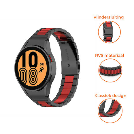 Strap-it® Strap-it Samsung Galaxy Watch 4 Classic 42mm stalen schakel band (zwart/rood)