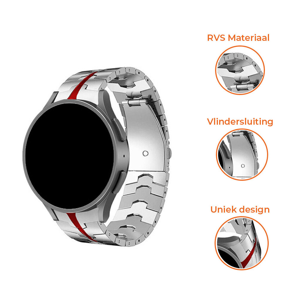 Strap-it® Strap-it Samsung Galaxy Watch 4 44mm steel iron band (zilver/rood)