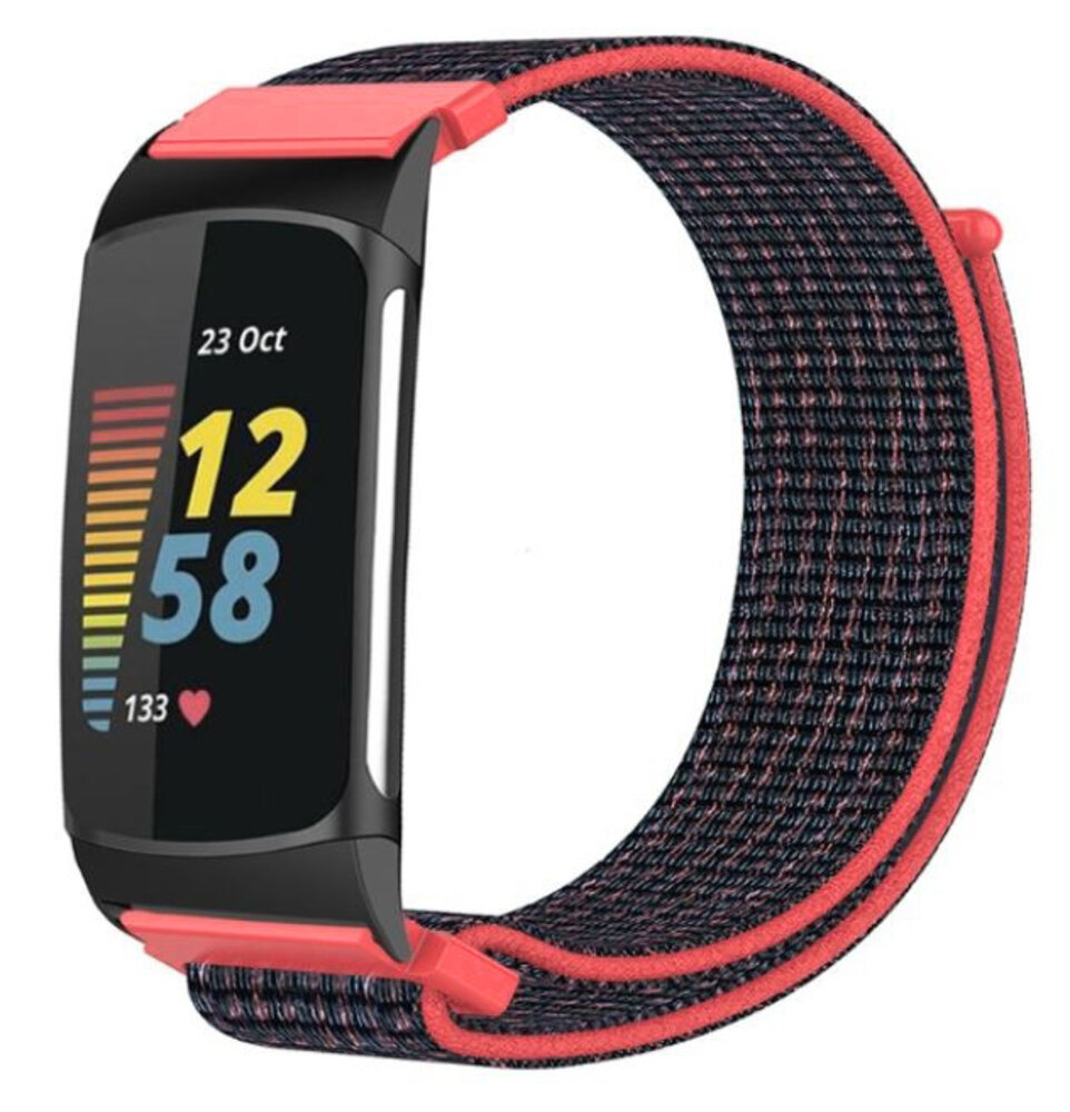 Fitbit Charge 6 nylon bandje (koraal/zwart) Smartwatchbanden.nl