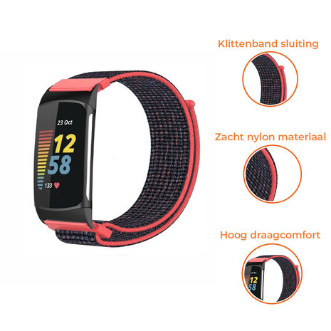 Strap-it® Strap-it Fitbit Charge 6 nylon bandje (koraal/zwart)