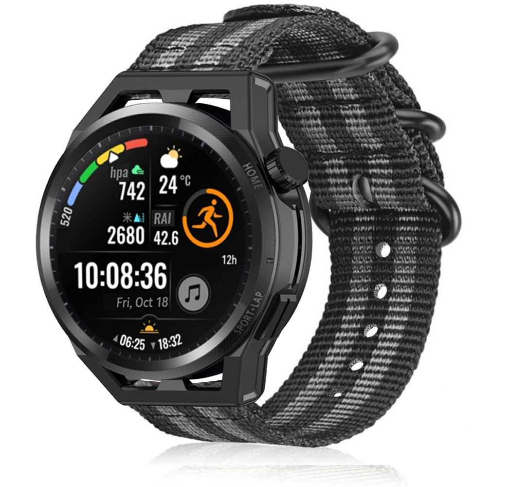 Strap-it® Strap-it Huawei Watch GT nylon gesp band (zwart/grijs)
