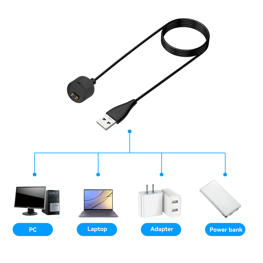 Bandz Bandz Xiaomi Mi Band 5 / 6 / 7 magnetische USB-A oplader (zwart) - 100cm