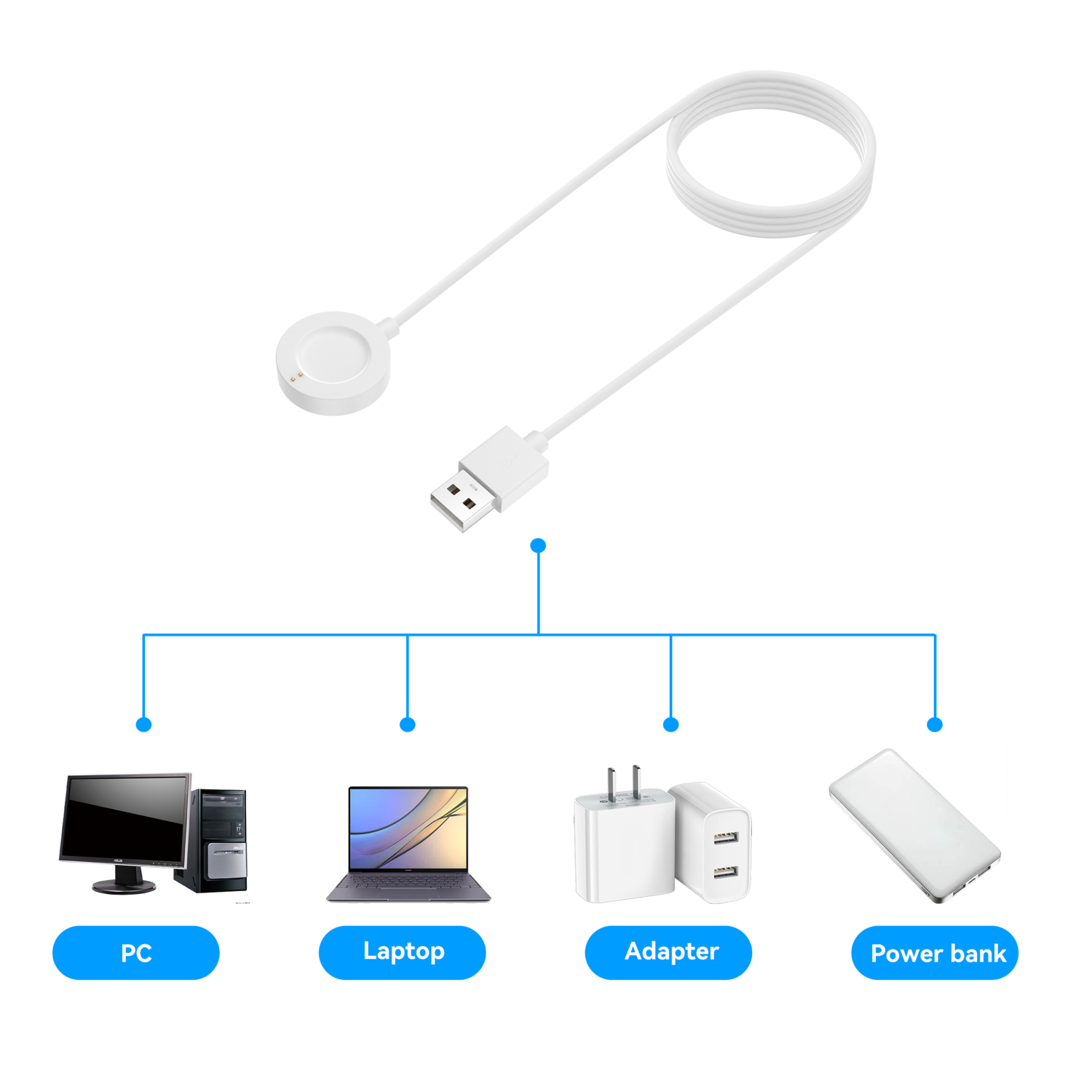Fossil Gen 4 5 5e 6 USB A oplader wit 100cm Smartwatchbanden