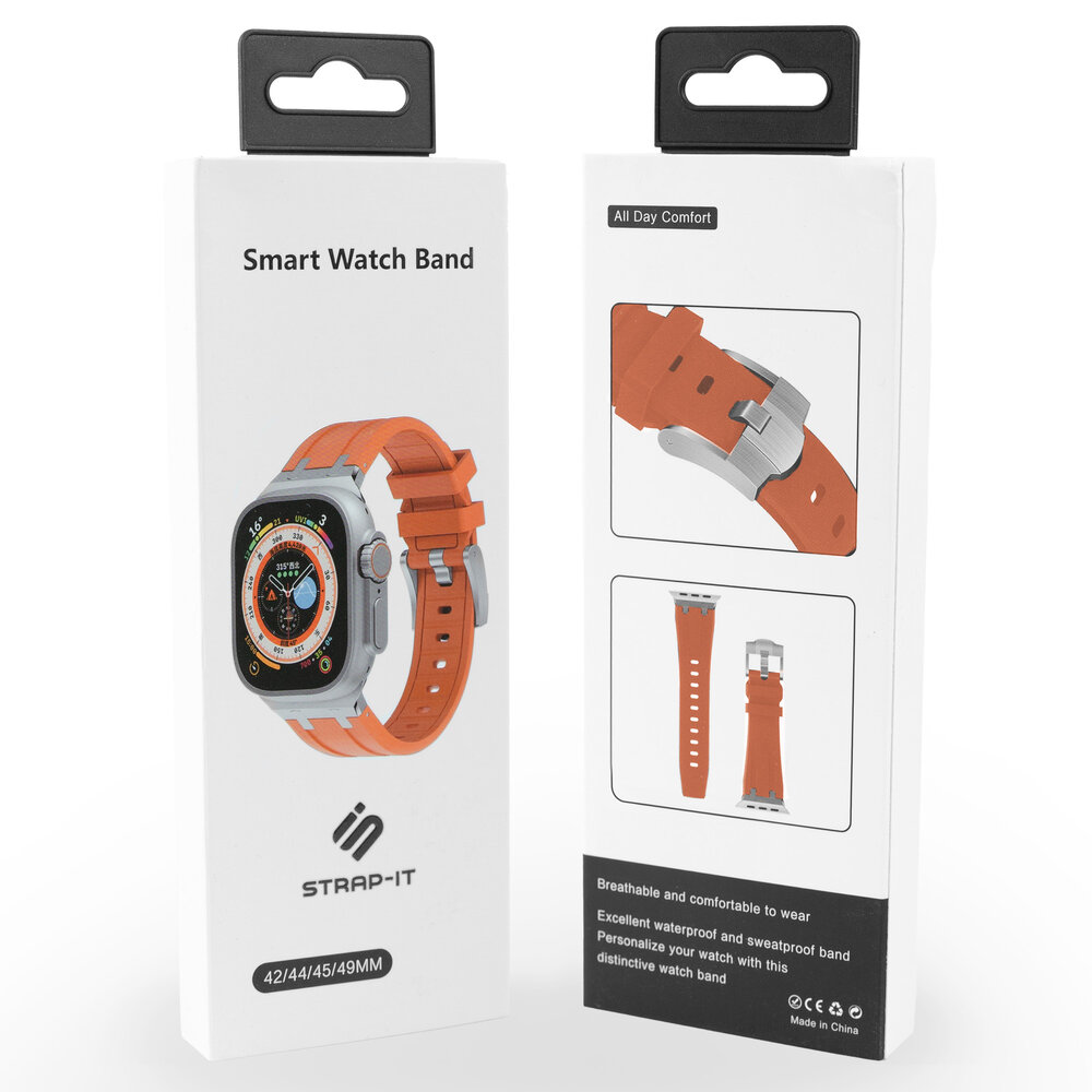Strap-it® Strap-it Apple Watch luxe liquid silicone band (oranje met titanium)