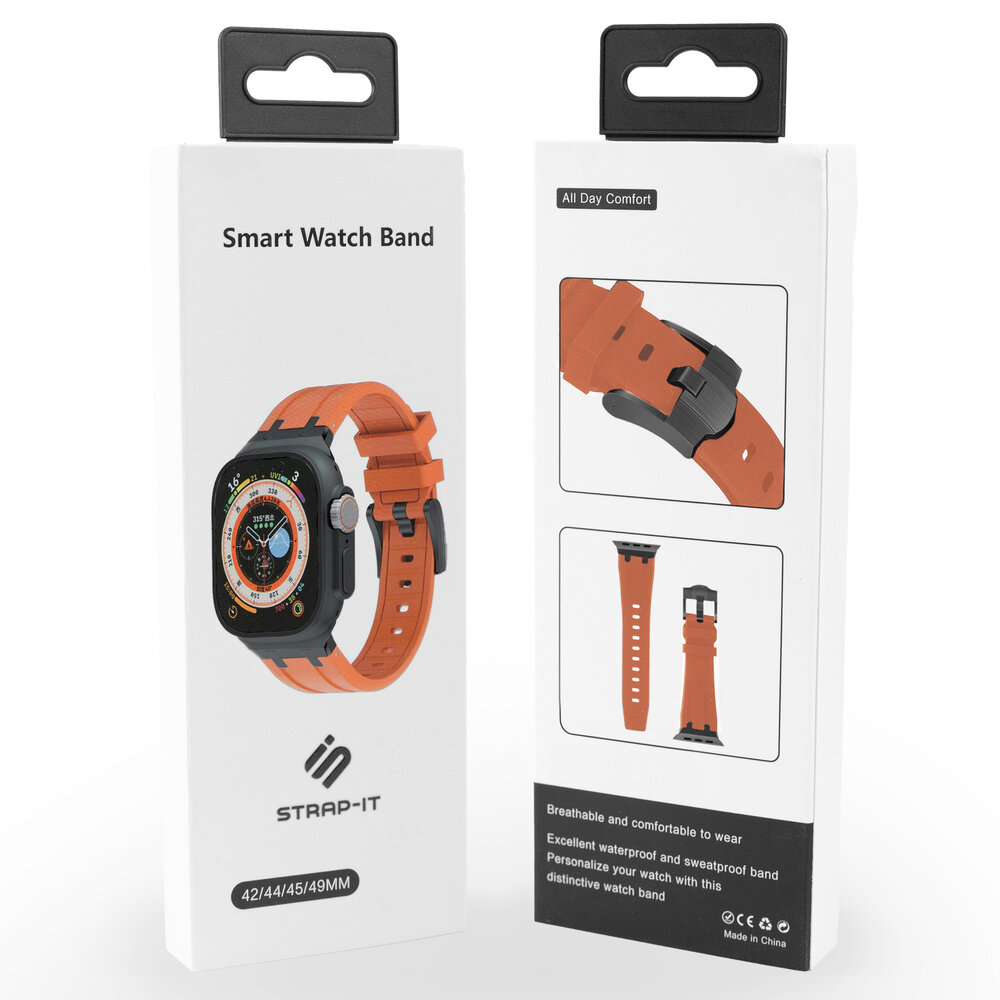 Strap-it® Strap-it Apple Watch luxe liquid silicone band (oranje met zwart)