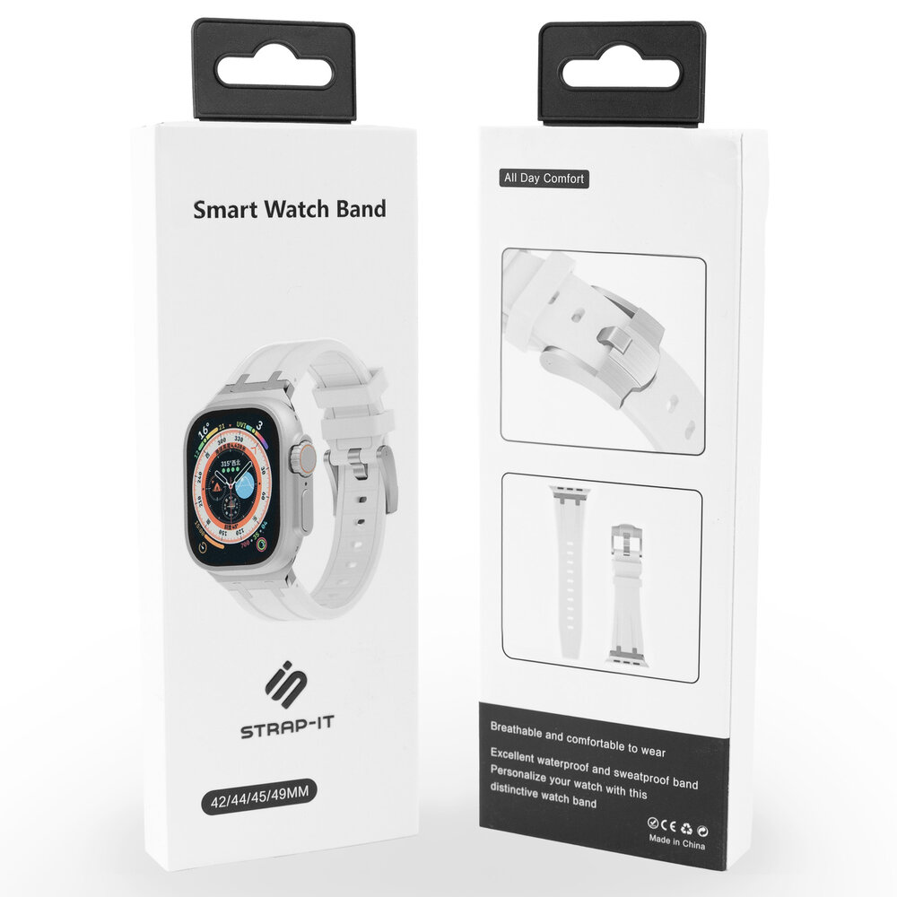 Strap-it® Strap-it Apple Watch luxe liquid silicone band (wit met zilver)