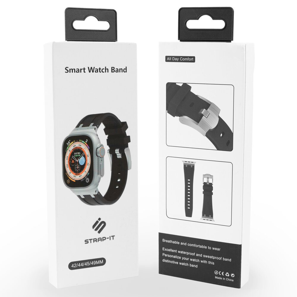 Strap-it® Strap-it Apple Watch luxe liquid silicone band (zwart met zilver)