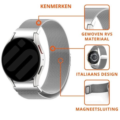 Strap-it® Strap-it Samsung Galaxy Watch 4 40mm 'One push' Milanese band (zilver) Strap-it® Strap-it Samsung Galaxy Watch 4 40mm 'One push' Milanese band (zilver)