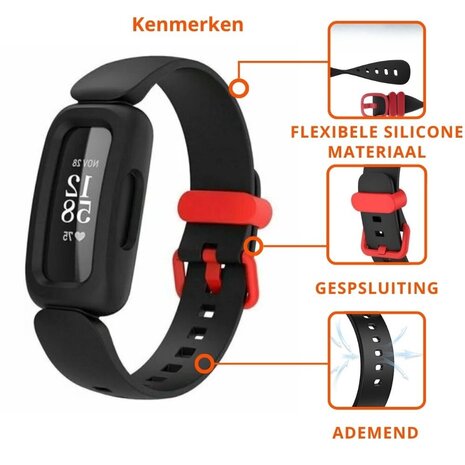Strap-it® Strap-it Fitbit Ace 3 siliconen bandje (zwart/rood)