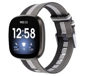 Strap-it® Fitbit Versa 3 geweven nylon gesp band (zwart-wit-grijs)
