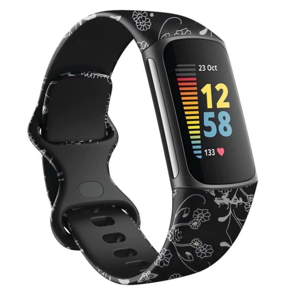 Strap-it® Strap-it Black Floral Fitbit Charge 5 bandje Strap-it® Strap-it Black Floral Fitbit Charge 5 bandje