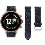 Strap-it® Fossil Gen 6 - 44mm leren glitter bandje (zwart)