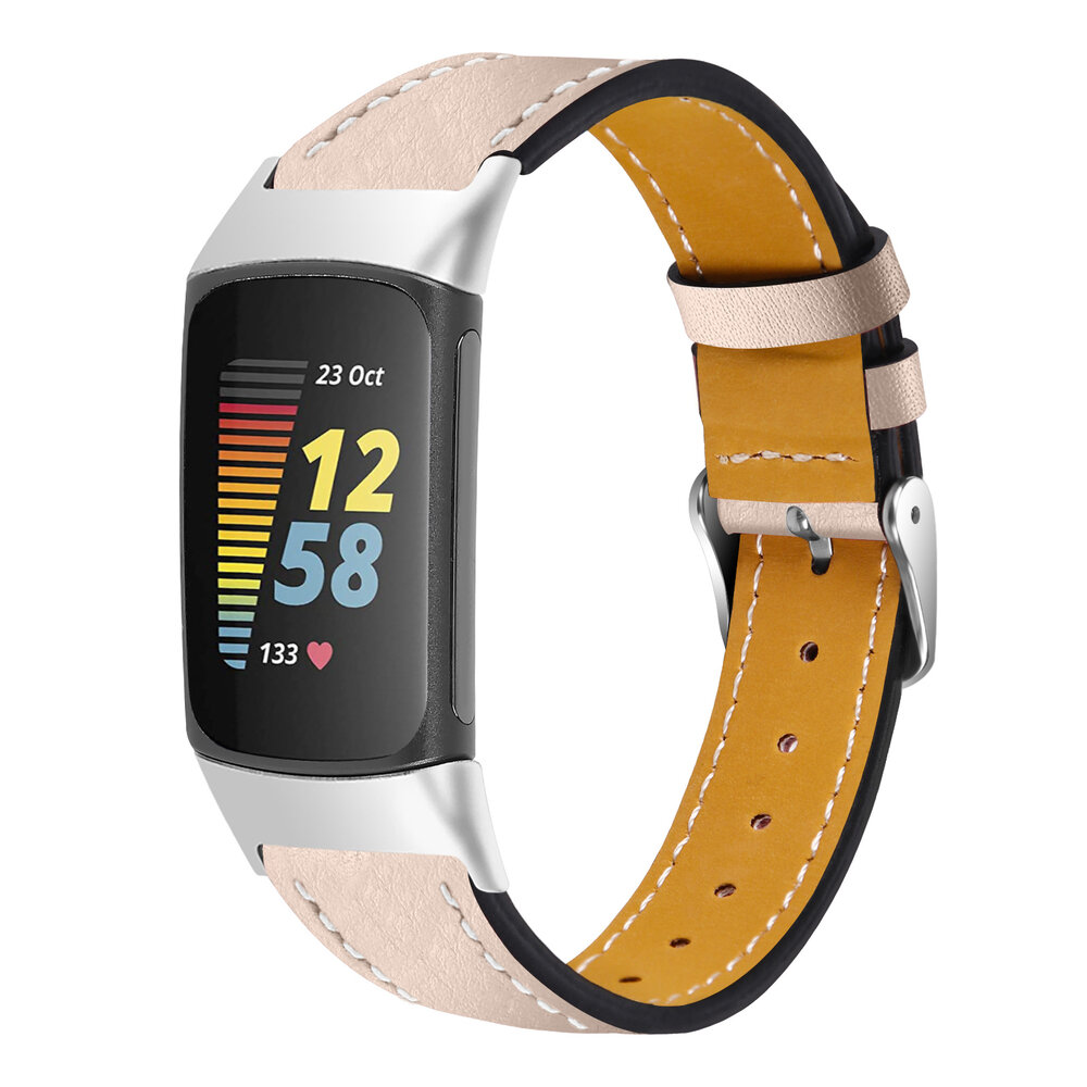 Strap-it® Strap-it Fitbit Charge 5 modern leren bandje (lichtbeige)