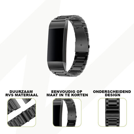 Bandz Bandz Fitbit Charge 3 stalen band 'Classic' (zwart)
