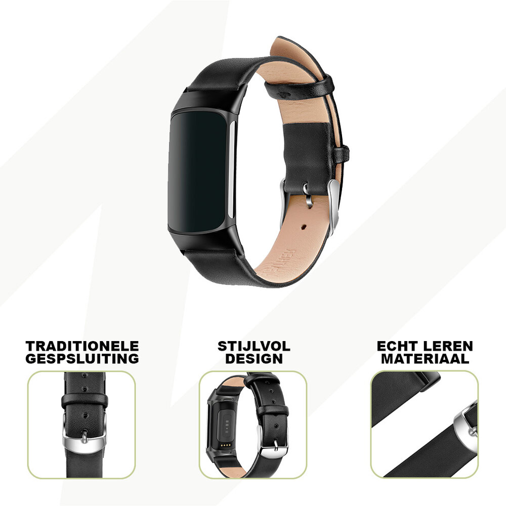 Bandz Bandz Fitbit Charge 5 genuine leren band (zwart)