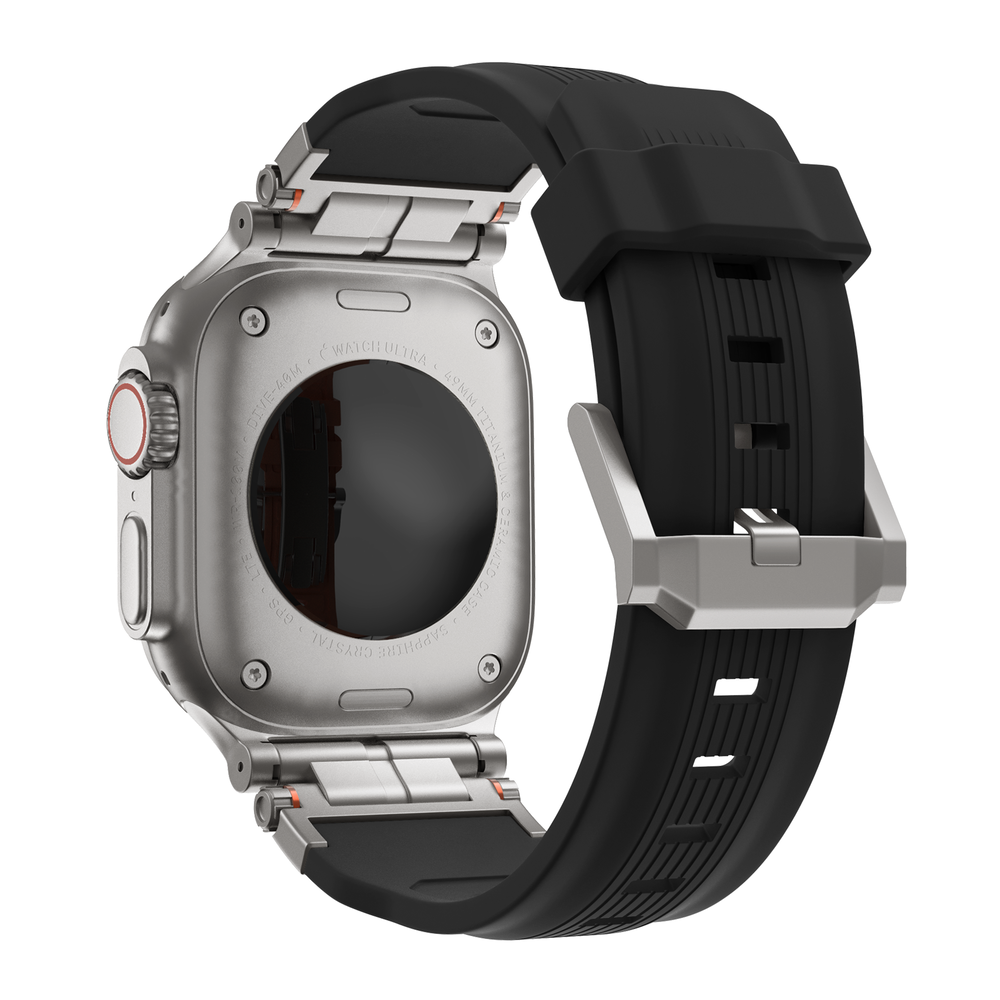 Bandz Bandz Apple Watch liquid siliconen band 'Explorer' (zwart met titanium)