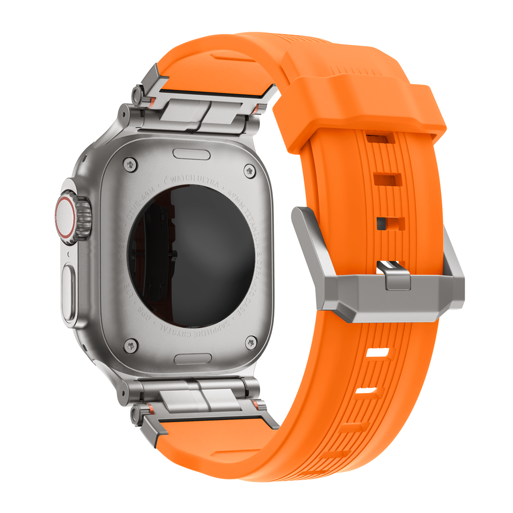 Bandz Bandz Apple Watch liquid siliconen band 'Explorer' (oranje met titanium)